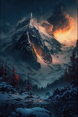 Breathtaking Winter Sunrise View from the Mountain Peaks Covered in Soft Snow and Surrounded by a Majestic Forest. Generative AI