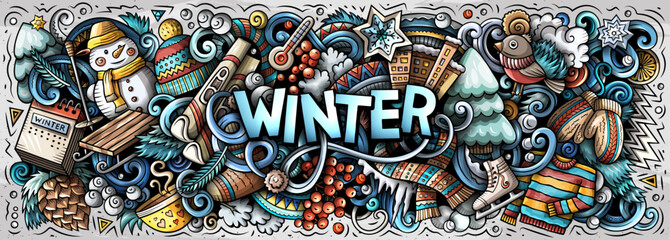 Winter cartoon doodle banner. Funny seasonal design. Creative art vector background. Handwritten text with cold season elements and objects. Colorful composition