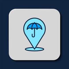 Filled outline Umbrella icon isolated on blue background. Insurance concept. Waterproof icon. Protection, safety, security concept. Vector