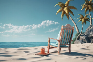 Tropical Getaway. Beach chair placed on a pristine tropical beach. Generative Ai