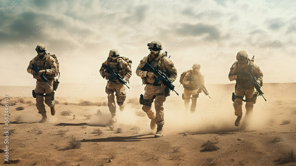 Canvas Prints Military Tactical Special Squad Special Forces Unit, running through a desert, Equipped Armed Soldiers, Full Gear, Wartime, Battlefield Epic Scene	