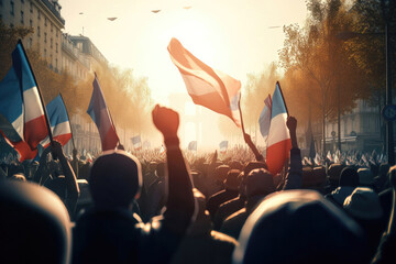 Strike in Paris: Protesters gather near the Triumph Arc, Eiffel tower. Generative Ai