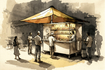 People in line at a street food stall. Illustration created with Generative AI technology.