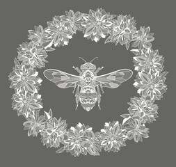 bee in a floral lace frame. vector illustration