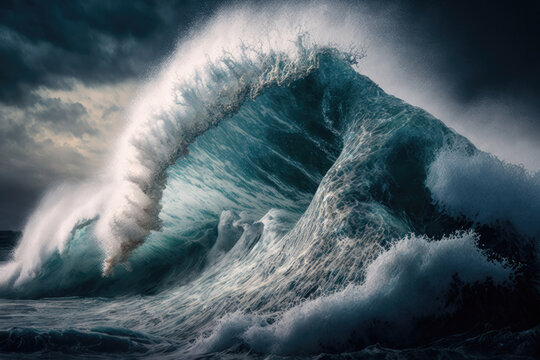 Fury of the Sea: Powerful Tidal Wave. Generative Ai