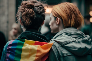 Two women at LGBT pride parade holding a rainbow flag from behind, showing their support for community and promoting love, inclusivity, and acceptance. Standing together for equality. Generative AI.