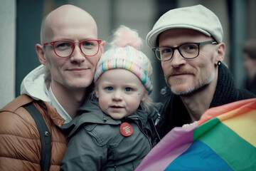 Proud family of two fathers and their son smiling while holding colorful LGBT flag, participating in a lively and spirited LGBT pride parade celebrating love, equality and diversity. Generative AI.
