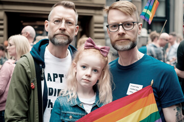 Two fathers and their daughter proudly waving rainbow flags at the LGBT Pride Parade. Gay family showing support and love for the diverse and inclusive community. Generative AI.
