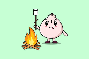 Cute cartoon dim sum character is burning marshmallow