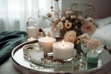 Room decoration details in scandinavian style with candles and flowers. AI generated image