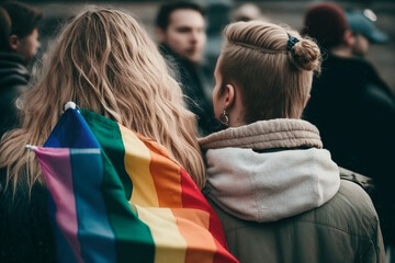 Two women embrace each other with the beautiful rainbow flag draped over their shoulders, a symbol of their love and support for the LGBTQ community at pride gay parade. Generative AI.