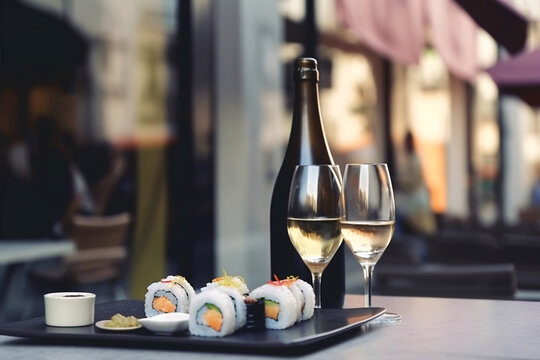 Sushi rolls and a glass of white sparkling wine. Dinner in a Japanese restaurant, sushi meal with wine. Selective focus. AI generated image.