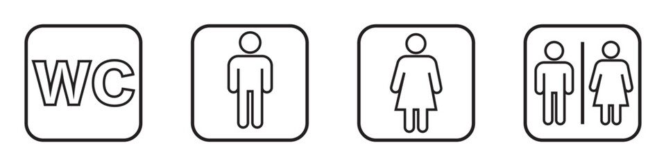 Toilet vector icon set. Restroom WC sign isolated. Mens and womans symbols privies on white background.