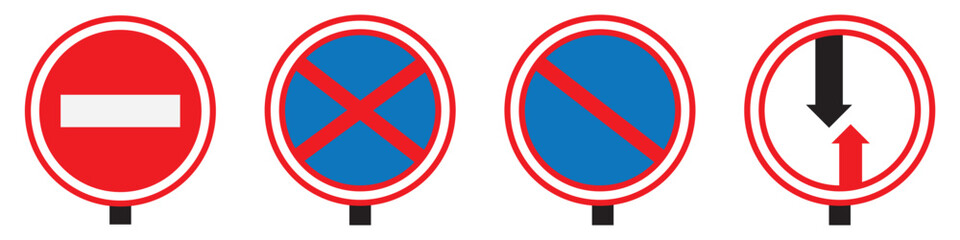 Obraz premium Road signs and Street traffic. Highway warning, priority, prohibitory signs collection. Realistic blank traffic regulatory template. Empty banners mockup. Vector Illustration. Vector Graphic. EPS 10