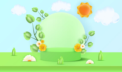 Spring design season with nature landscape, sun and clouds on blue sky background. Cylinder green podium for your products display presentation with colorful flowers, leafs and grass. 