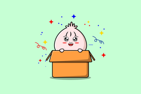 Cute cartoon Dim sum character coming out from box in flat style cartoon vector icon illustration - Powered by Adobe