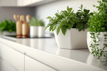 Growing plants on the white kitchen interior table. Generative AI - obrazy, fototapety, plakaty