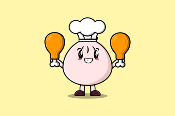Cute cartoon Dim sum chef character holding two chicken thighs in flat cartoon style illustration