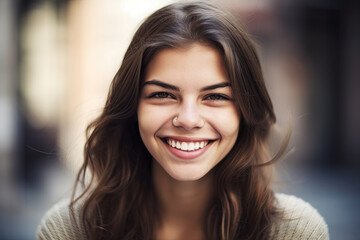 Naklejka premium A Portrait of an attractive smiling brunet girl outdoors. Created with Generative AI, no one recognisable. Not a real person.
