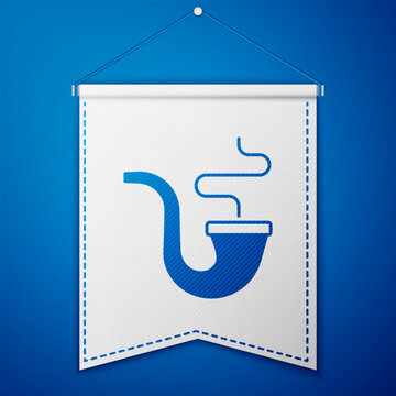 Blue Smoking pipe with smoke icon isolated on blue background. Tobacco pipe. White pennant template. Vector