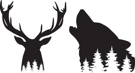Wolf and deer silhouettes with silhouettes of pine trees inside. Vector black and white illustration