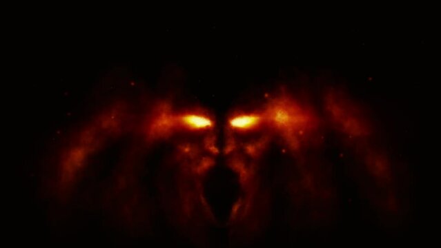 Scary demon ghost in darkness. 2D animation. Gloomy monster face in haze video clip. Horror fantasy genre. Creepy Halloween backdrop. Spooky animated short film. Black and orange color background.