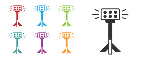 Black Studio light bulb in softbox icon isolated on white background. Shadow reflection design. Set icons colorful. Vector