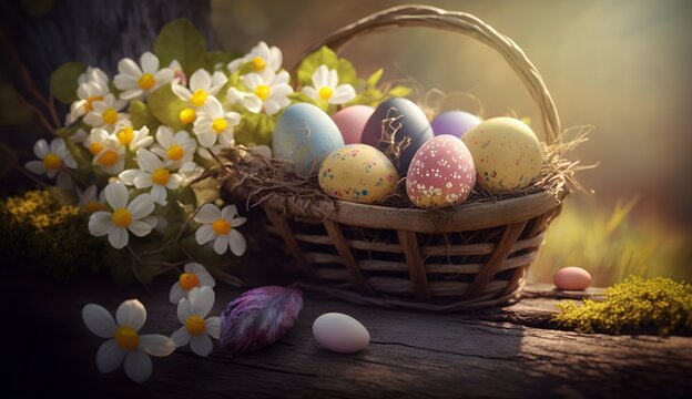 Decorated Painted Easter Eggs In a Basket, Floral background with white daisies, on sunny grass, little purple flowers, greenery