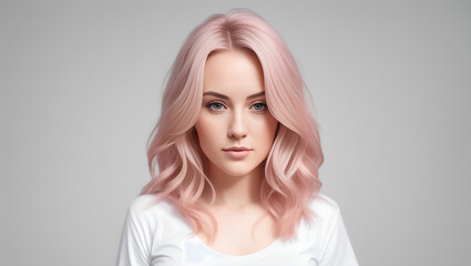 Fototapeta premium Portrait of smiling young woman with pink hair and white blouse on isolated background, Generative AI