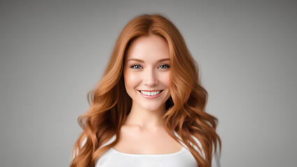 Beautiful red haired woman with stylish long hairstyle. Young adult with wavy hair. Natural makeup portrait. Generative AI