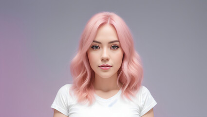 Beautiful pink haired woman with stylish middle hairstyle. Young adult with wavy hair. Natural makeup portrait. Generative AI