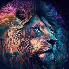 Glowing Guardian: A Cyberdelic Lion's Watchful Gaze - Cyberdelic
