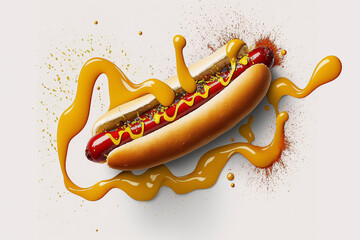 Background serving hotdog with a very tantalizing shrouded of full sauce - obrazy, fototapety, plakaty