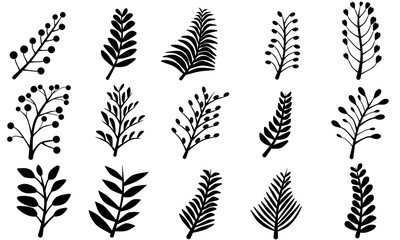 Set of black leaf line elements vector on white background for decorating wallpaper, artworks ,presentations