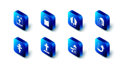 Set Easter cake, Pope hat, Holy bible book, Dove, Church building, Grave with cross, Christian and Calendar icon. Vector