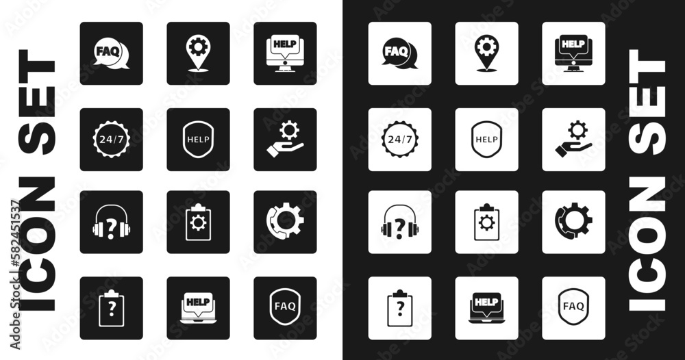 Poster set computer monitor and help, shield with text help, clock 24 hours, speech bubble faq, settings in