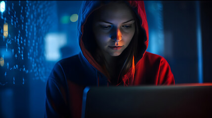 woman using laptop, hacker concept, cybersecurity