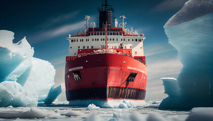 Red icebreaker in the middle of Arctic ocean - obrazy, fototapety, plakaty