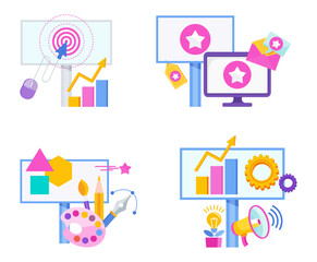 Advertising and promotion icons set. Promotion strategy. Digital Marketing.