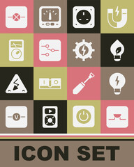 Set Buzzer in electronic circuit, Creative lamp light idea, Light bulb with leaf, Electrical outlet, Switch, Ampere meter, multimeter, Lamp and Gear and lightning icon. Vector