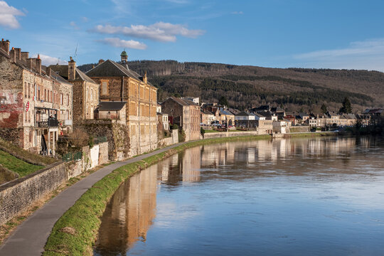 The beautiful village of Montherm&eacute; lies in the heart of the Ardennes department in France, view from the bridge over the awesome river Meuse.	