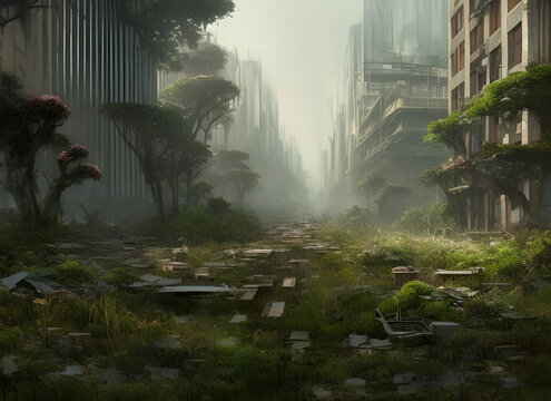 view of an abandoned destroyed city with ruined buildings and road overgrown with trees and grass. generative ai