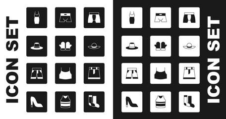 Set Men underpants, Christmas mittens, Man hat, Woman dress, Elegant women, Skirt and Short or icon. Vector