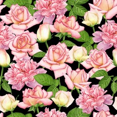BLACK SEAMLESS BACKGROUND WITH BLOOMING DIGITAL WATERCOLOR PINK ROSES AND PEONIES