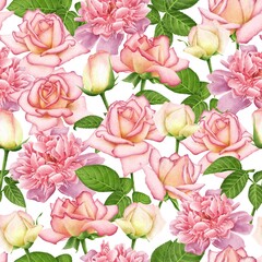 WHITE SEAMLESS BACKGROUND WITH BLOOMING DIGITAL WATERCOLOR PINK ROSES AND PEONIES