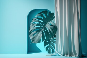 Monstera green leaves . Monstera on a blue backgroundMinimal abstract light blue background for product presentation. Window with flowers. Shadow of tropical leaves and curtains window. Generative AI	