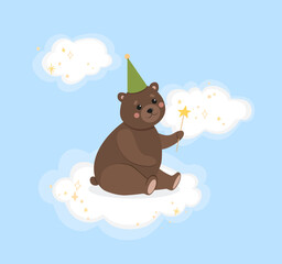 Cute baby bear in cap and with magic wand sits on cloud. Fabulous illustration of an animal for a child's room, a character for children.