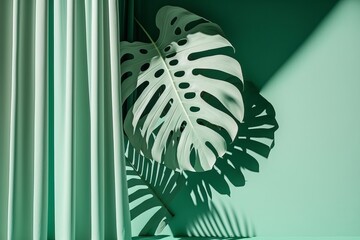 Monstera green leaf. Minimal abstract light green background for product presentation. Shadow of tropical leaves and curtains window on plaster wal. Generative AI	