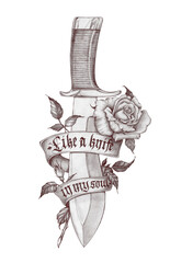 Knife and rose pencil drawing