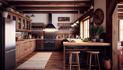 Obraz na płótnie Canvas A modern kitchen room, Kitchen illustration Generative AI
